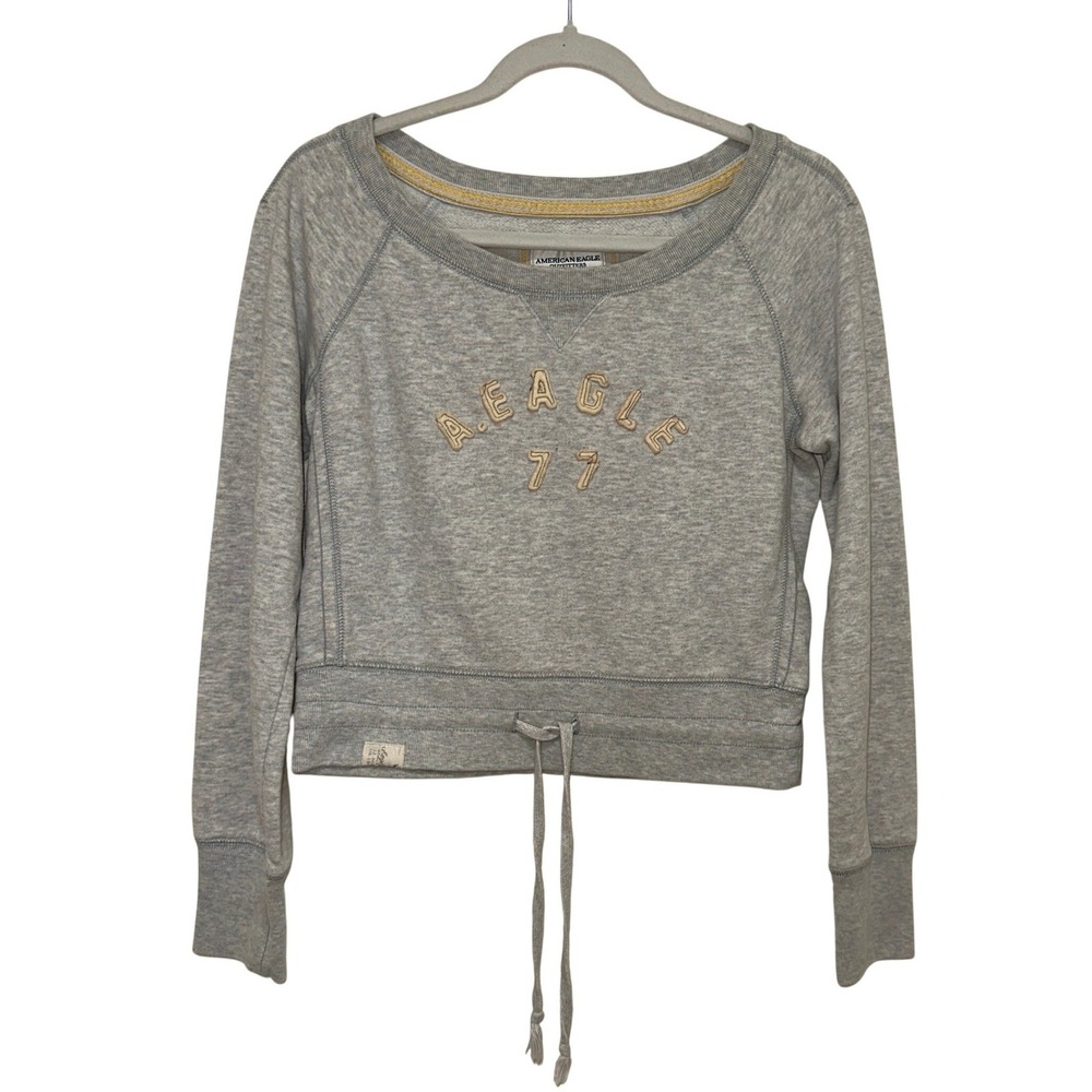 American Eagle Sweatshirt Women M Gray Cropped Fleece Raglan Pullover